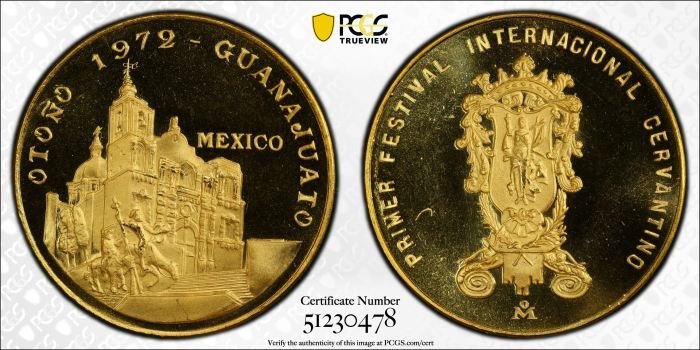 Medals & Tokens Modern Gold Guanajuato Cervantino Festival 1972 Mo PCGS SP65 0144629