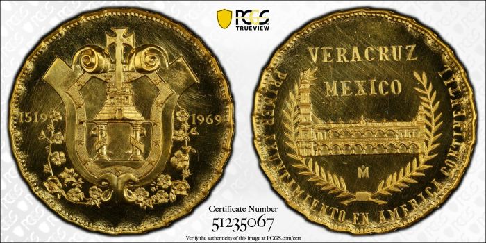 Medals & Tokens Modern Gold Veracruz 450th Anniversary Gold Medal 1969 Mo Grove-1067 PCGS SP65 0144632