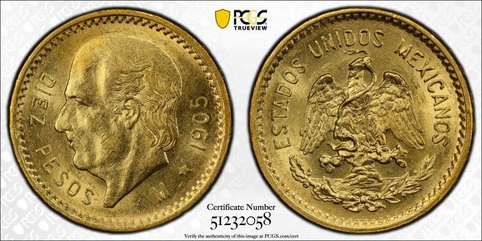 Modern Gold 10 Peso 1905 M PCGS MS63 0144641