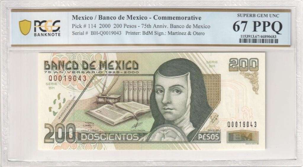 Banco De Mexico 200 Pesos 2000 Pick #114 PCGS Superb Gem UNC67 PPQ f_35394