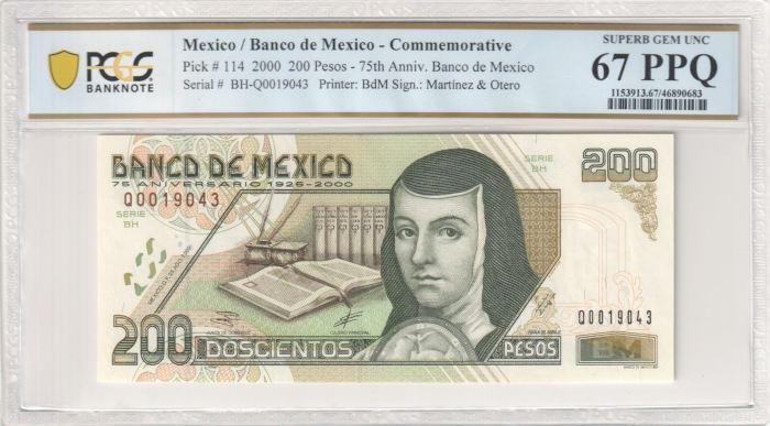 Banco De Mexico 200 Pesos 2000 Pick #114 PCGS Superb Gem UNC67 PPQ f_35394