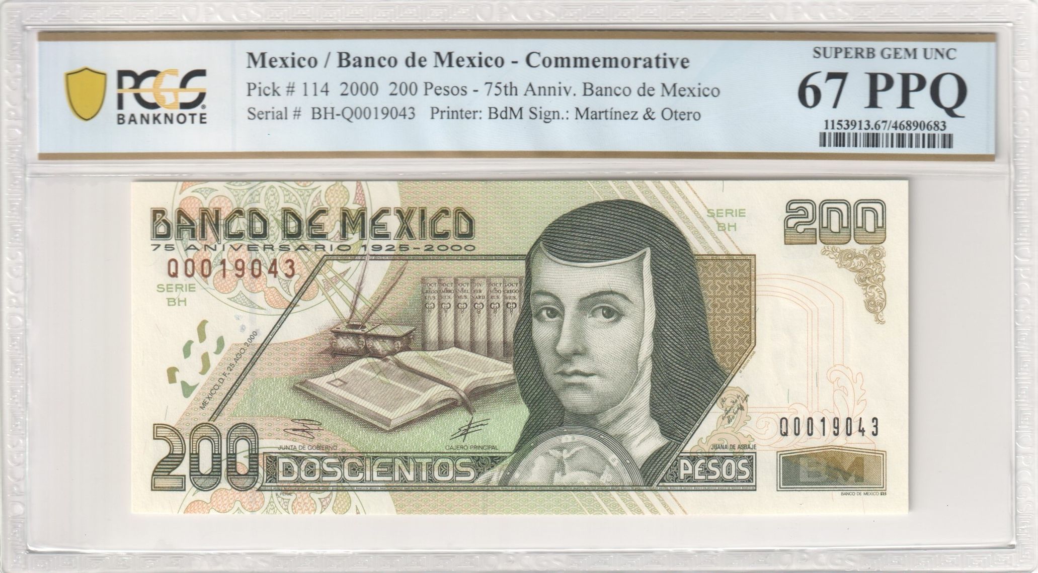 Banco De Mexico Currency Mexican Currency Banco De Mexico 200 Pesos 2000 Pick #114 PCGS Superb Gem UNC67 PPQ f_35394 Banco De Mexico 200 Pesos 2000 Pick #114 PCGS Superb Gem UNC67 PPQ f_35394Property of World Numismatics