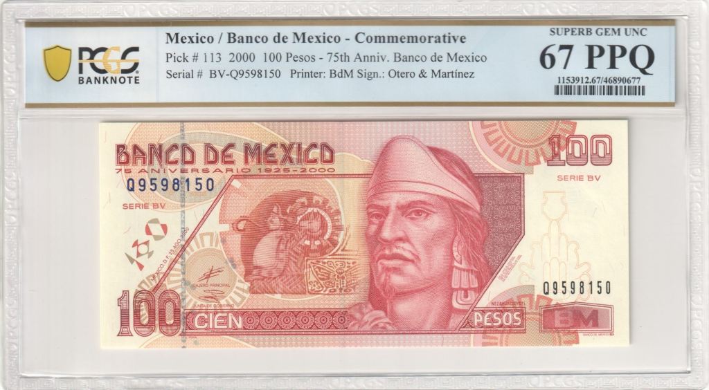 Banco De Mexico 100 Pesos 2000 Pick #113 PCGS Superb Gem UNC67 PPQ f_35395