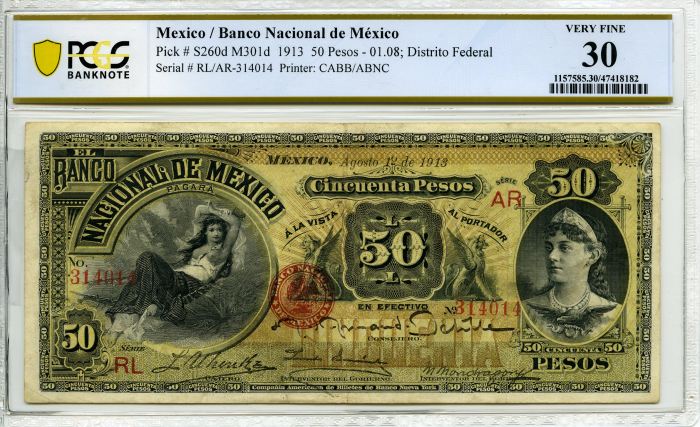 Bancos 50 Pesos 1913 Distrito Federal M301d PCGS VF30 f_35406