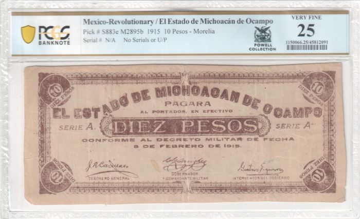 Revolutionary Currency 10 Pesos 1915 Michoacan M2895b PCGS VF25 f_35416