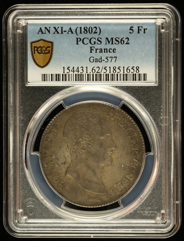 France 5 Franc AN XI (1802) A PCGS MS62 Gad-577 0144482France 5 Franc AN XI (1802) A PCGS MS62 Gad-577 0144482
