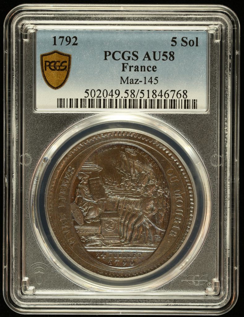 France 5 Sols 1792 PCGS AU58 Maz-145 0144601