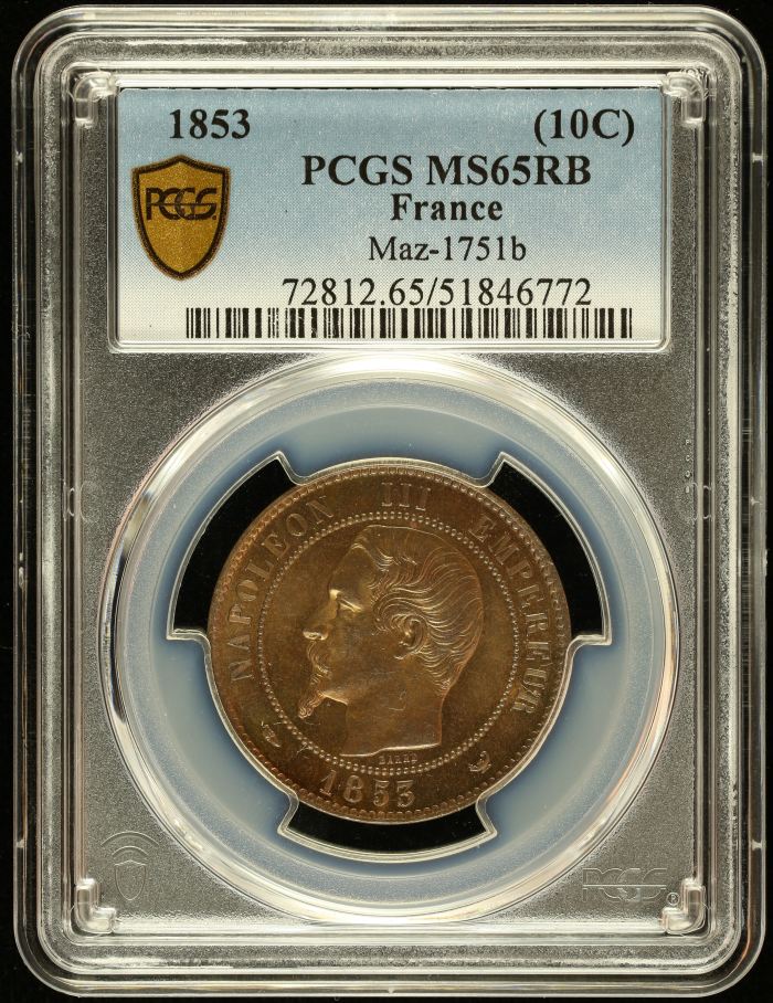 France (10 Centimes) 1853 PCGS MS65RB Maz-1751b 0144606France (10 Centimes) 1853 PCGS MS65RB Maz-1751b 0144606