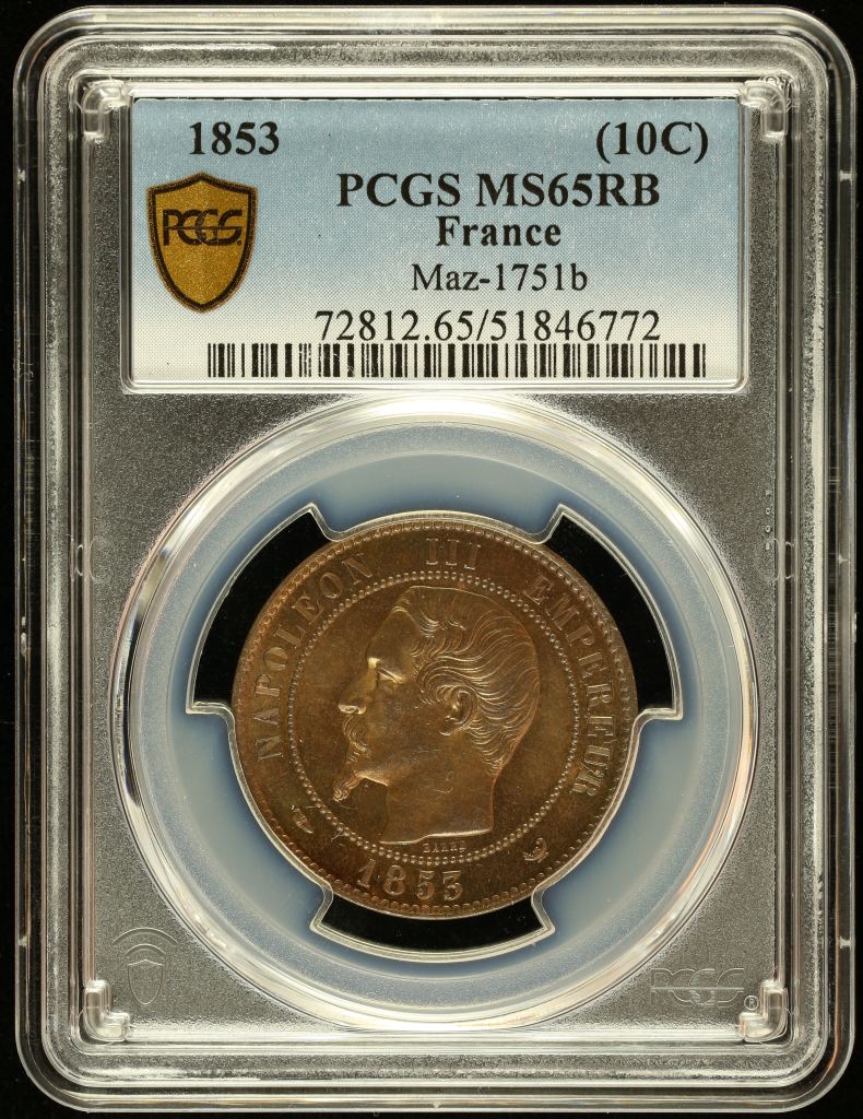 France (10 Centimes) 1853 PCGS MS65RB Maz-1751b 0144606