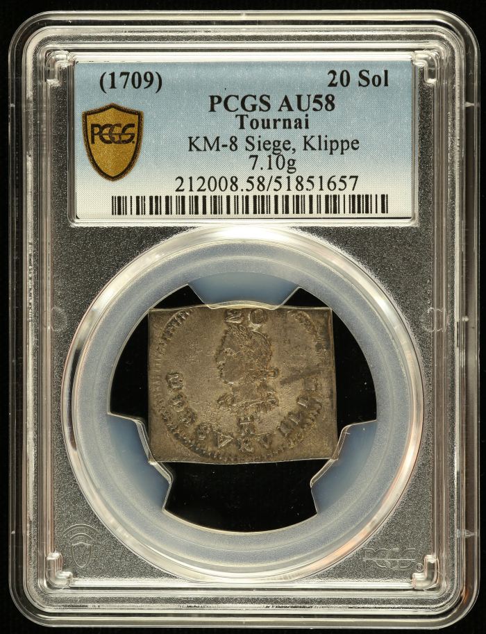 Belgium 20 Sol (1709) Tournai PCGS AU58 KM-8 0144564Belgium 20 Sol (1709) Tournai PCGS AU58 KM-8 0144564