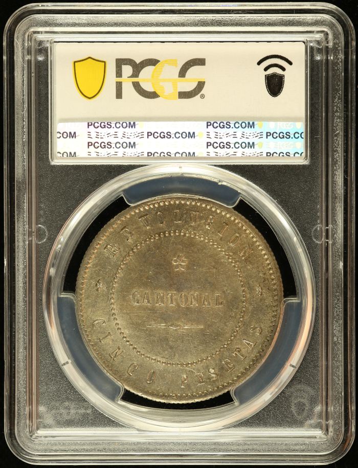 Spain 5 Pesetas 1873 Cartagena PCGS AU58 0144583Spain 5 Pesetas 1873 Cartagena PCGS AU58 0144583 - Image 2