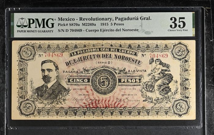 Revolutionary Currency 5 Pesos 1915 Jalisco M2269a PMG Ch VF35 f_35413