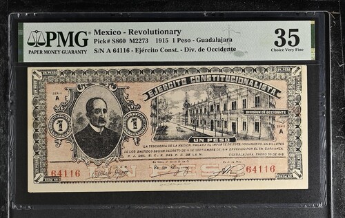 Revolutionary Currency Peso 1915 Jalisco M2273 PMG Ch VF35 f_35414Property of World Numismatics