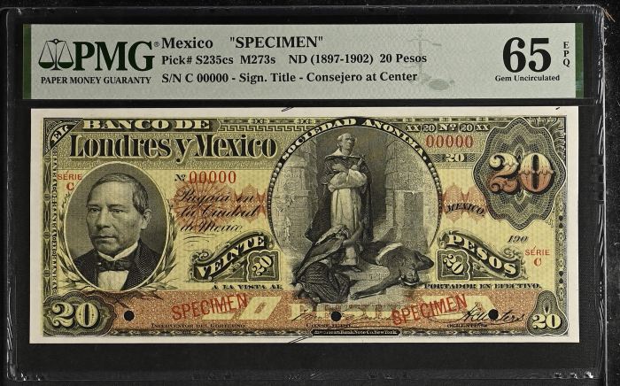 Bancos 20 Pesos ND Distrito Federal M273s PMG Gem UNC65 EPQ f_35404