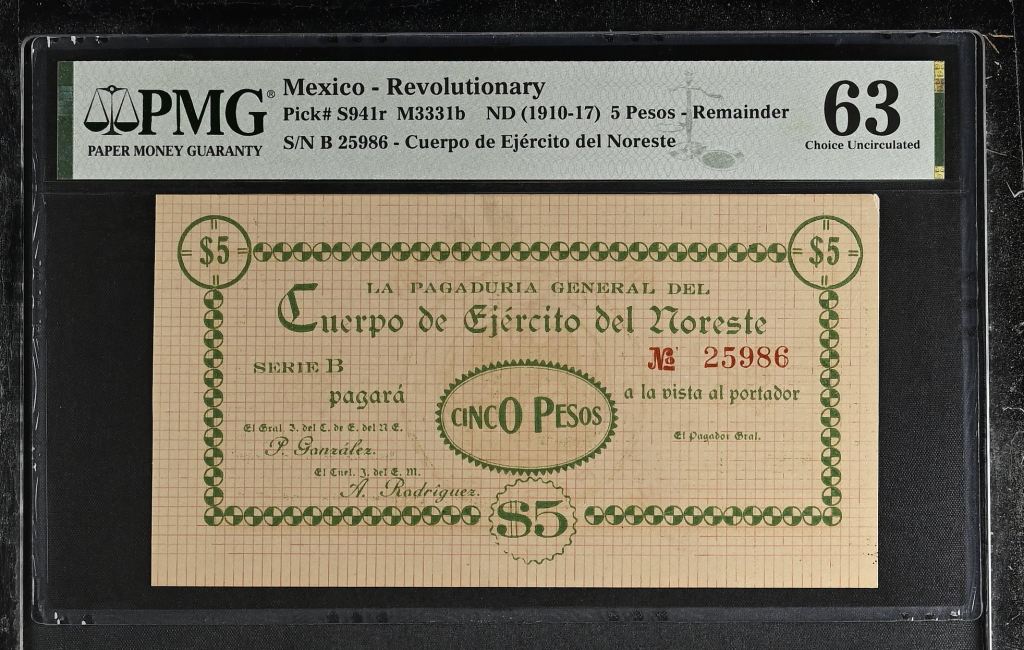 Revolutionary Currency 5 Pesos ND Nuevo Leon M3331b PMG Ch UNC63 f_35417