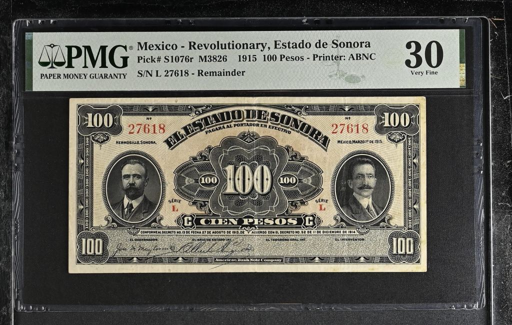 Revolutionary Currency 100 Pesos 1915 Sonora M3826 PMG VF30 f_35418