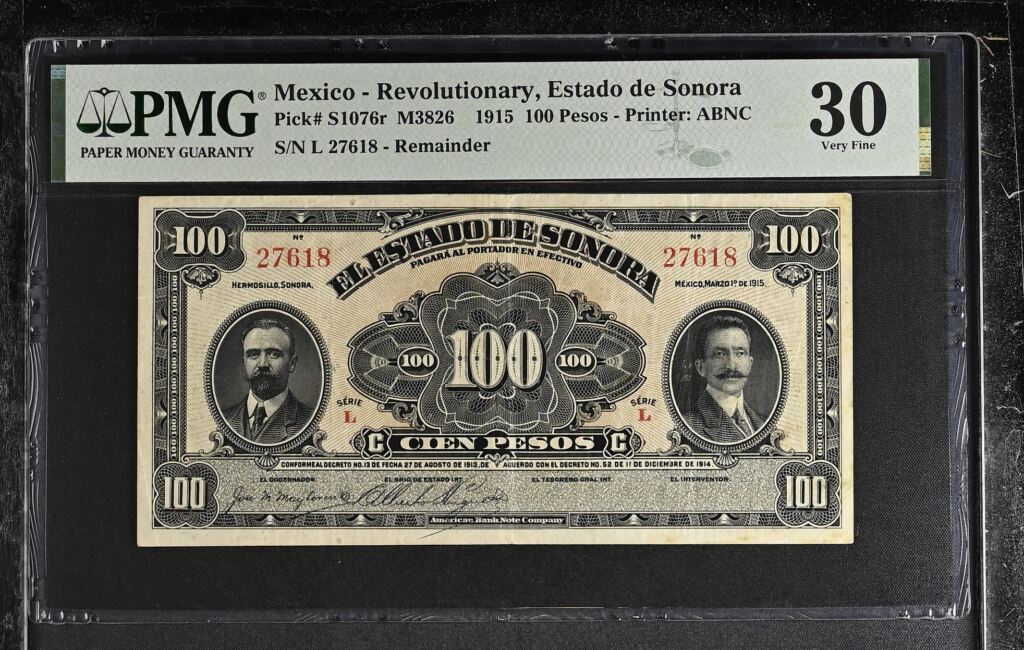 Revolutionary Currency 100 Pesos 1915 Sonora M3826 PMG VF30 f_35418Property of World Numismatics
