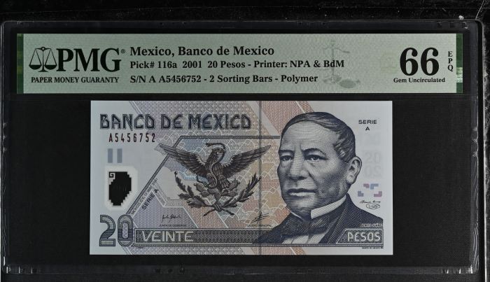 Banco De Mexico 20 Pesos 2001 Pick #116a PMG Gem UNC66 EPQ f_35397