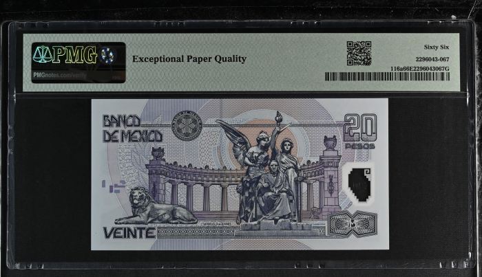 Banco De Mexico 20 Pesos 2001 Pick #116a PMG Gem UNC66 EPQ f_35397