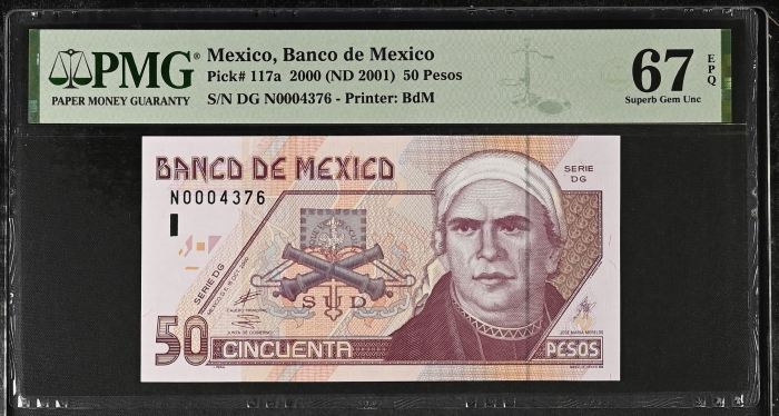 Banco De Mexico 50 Pesos 2000 Pick #117a PMG Superb Gem UNC67 EPQ f_35398