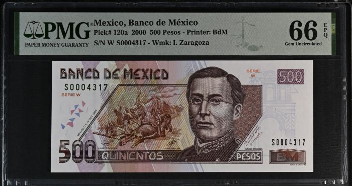 Banco De Mexico 500 Pesos 2000 Pick #120a PMG Gem UNC66 EPQ f_35400