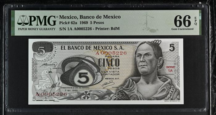 Banco De Mexico 5 Pesos 1969 Pick #62a PMG Gem UNC66 EPQ f_35385