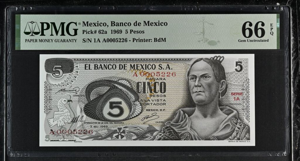 Banco De Mexico 5 Pesos 1969 Pick #62a PMG Gem UNC66 EPQ f_35385Property of World Numismatics