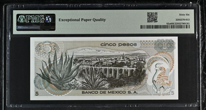 Banco De Mexico 5 Pesos 1969 Pick #62a PMG Gem UNC66 EPQ f_35385