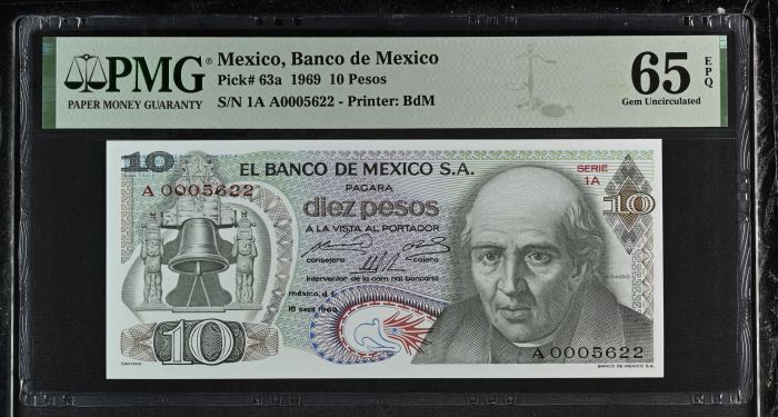 Banco De Mexico 10 Pesos 1969 Pick #63a PMG Gem UNC65 EPQ f_35386