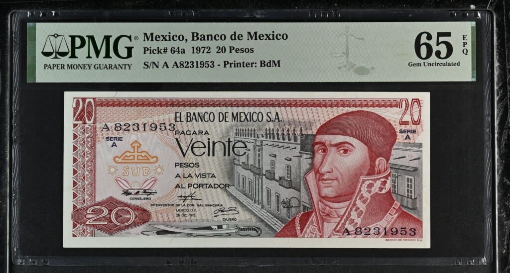 Banco De Mexico 20 Pesos 1972 Pick #64a PMG Gem UNC65 EPQ f_35387Property of World Numismatics