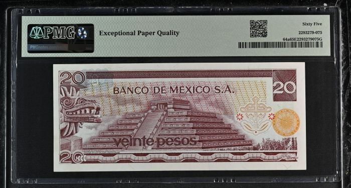 Banco De Mexico 20 Pesos 1972 Pick #64a PMG Gem UNC65 EPQ f_35387