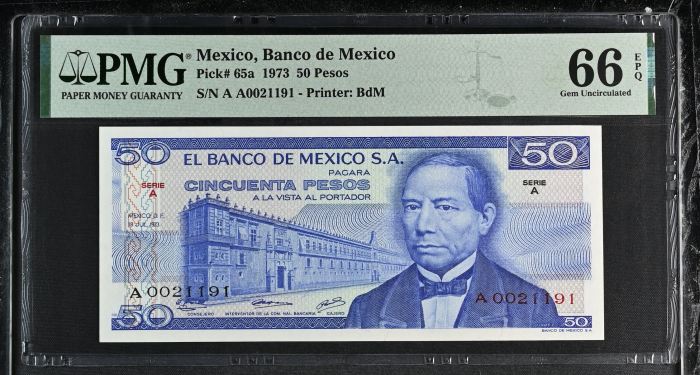 Banco De Mexico 50 Pesos 1973 Pick #65a PMG Gem UNC66 EPQ f_35388