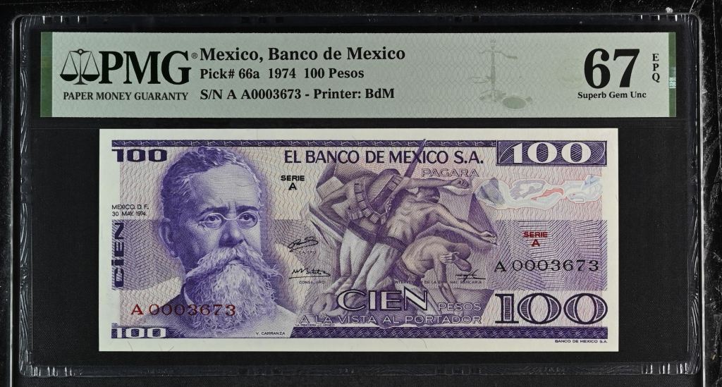 Banco De Mexico 100 Pesos 1974 Pick #66a PMG Superb Gem UNC67 EPQ f_35389