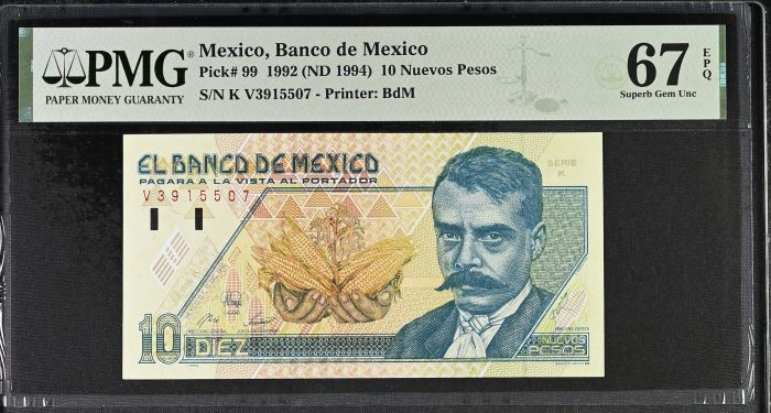 Banco De Mexico 10 Nuevos Pesos 1992 Pick #99 PMG Superb Gem UNC67 EPQ f_35393