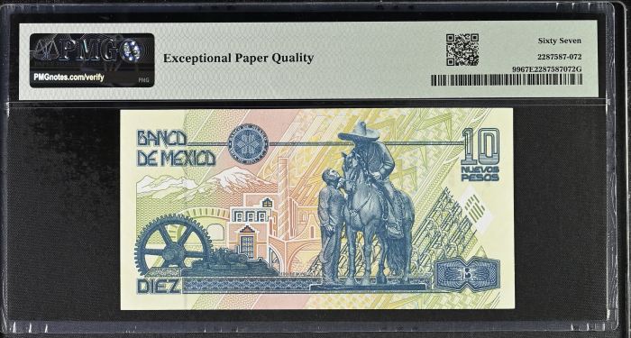 Banco De Mexico 10 Nuevos Pesos 1992 Pick #99 PMG Superb Gem UNC67 EPQ f_35393