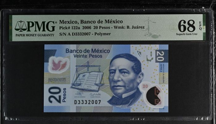 Banco De Mexico 20 Pesos 2006 Pick #122a PMG Superb Gem UNC68 EPQ f_35401