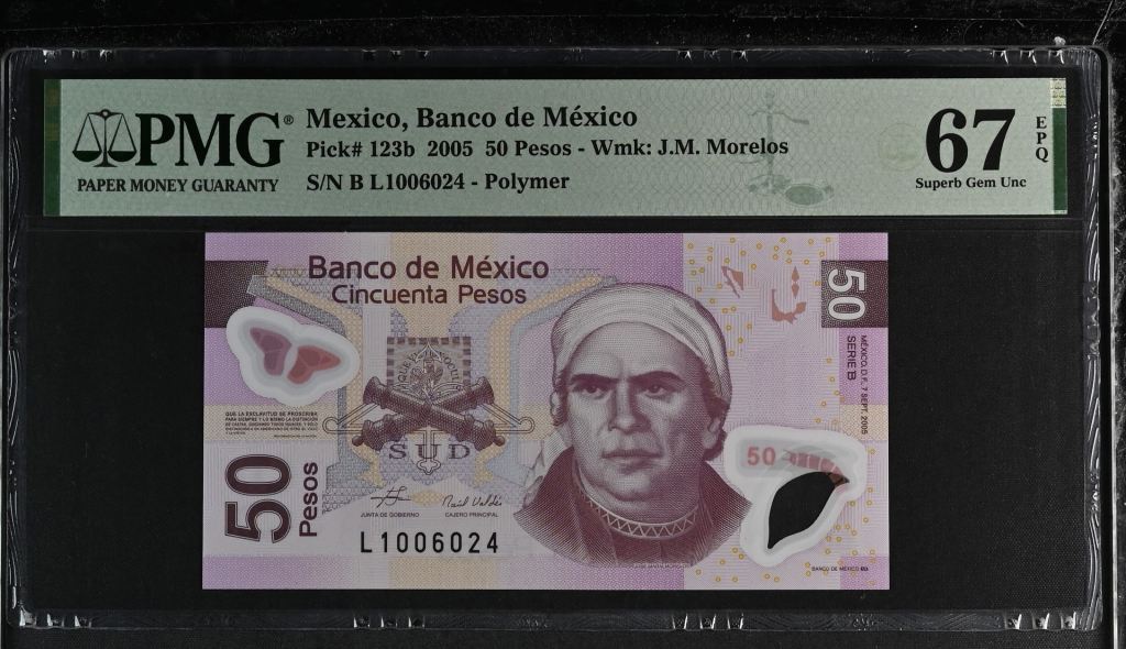 Banco De Mexico 50 Pesos 2005 Pick #123b PMG Superb Gem UNC67 EPQ f_35402