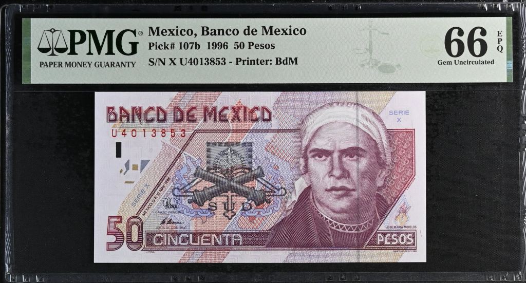 Banco De Mexico 50 Pesos 1996 Pick #107b PMG Gem UNC66 EPQ f_35430