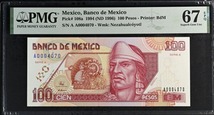 Banco De Mexico 100 Pesos 1994 Pick #108a PMG Superb Gem UNC67 EPQ f_35431Banco De Mexico 100 Pesos 1994 Pick #108a PMG Superb Gem UNC67 EPQ f_35431