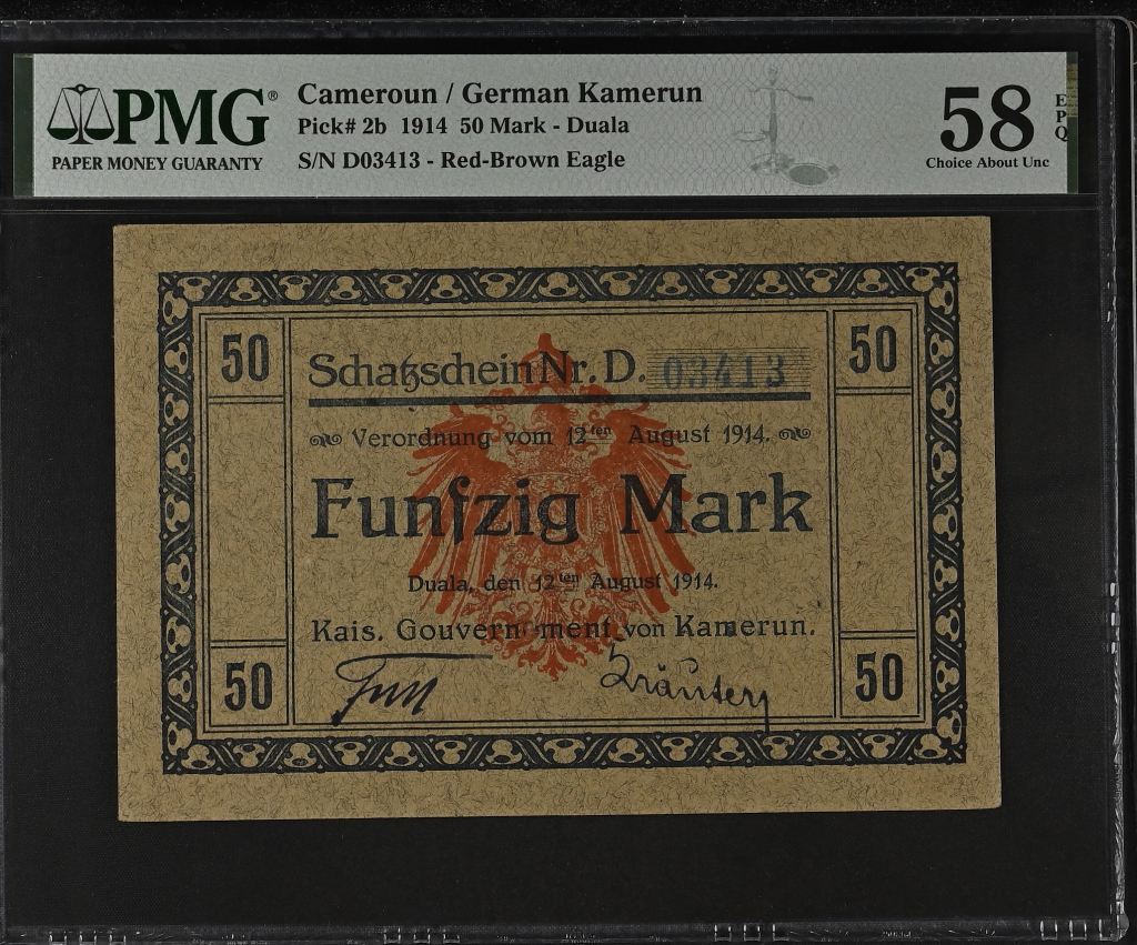 Cameroun German Kamerun 50 Mark 1914 PMG Ch AU58 EPQ Pick #2b 0144681