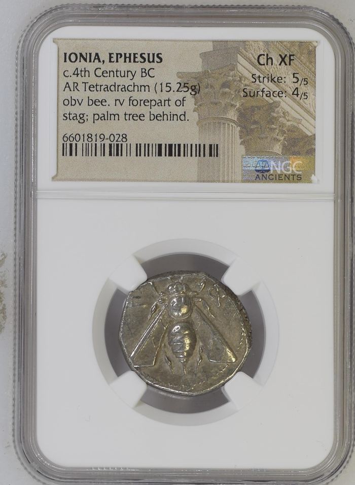 Ionia Ephesus c. 4th Century BC AR Tetradrachm NGC Ch XF 0144685Ionia Ephesus c. 4th Century BC AR Tetradrachm NGC Ch XF 0144685