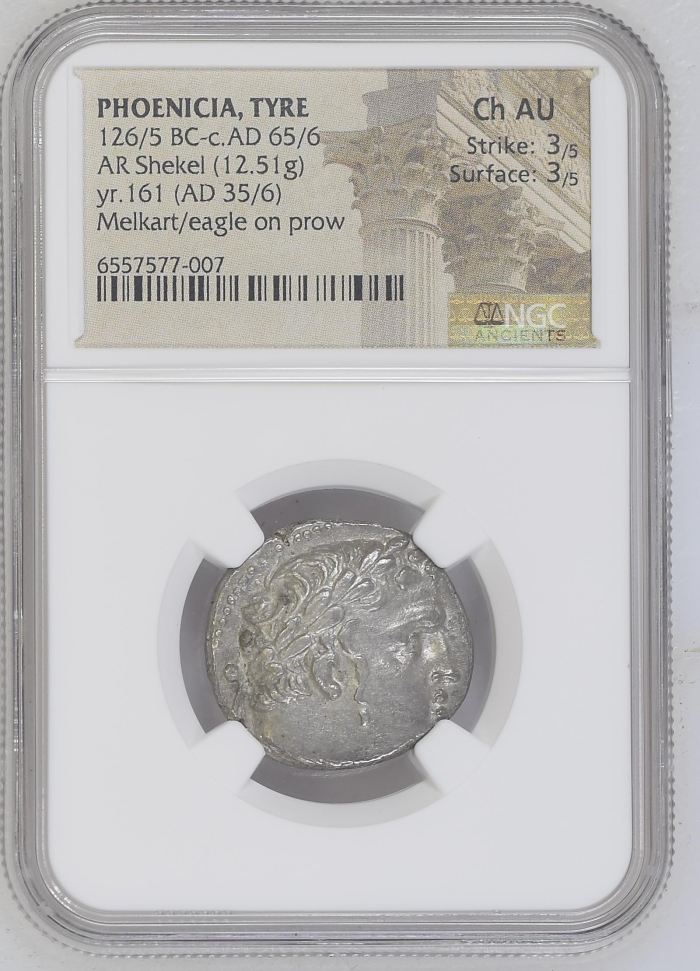 Phoenicia Tyre 4th Century BC 126/5 BC - 65/6 AD AR Shekel NGC Ch AU 0144687Phoenicia Tyre 4th Century BC 126/5 BC - 65/6 AD AR Shekel NGC Ch AU 0144687