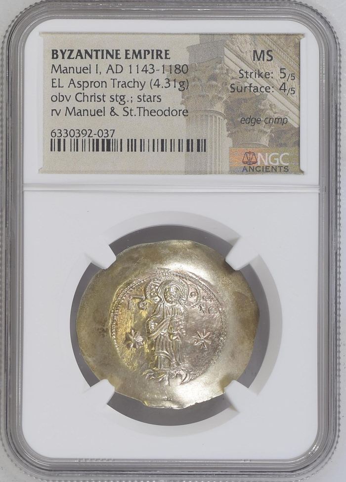 Byzantine Manuel I 1143-1180 AD EL Aspron Trachy NGC MS 0144688Byzantine Manuel I 1143-1180 AD EL Aspron Trachy NGC MS 0144688