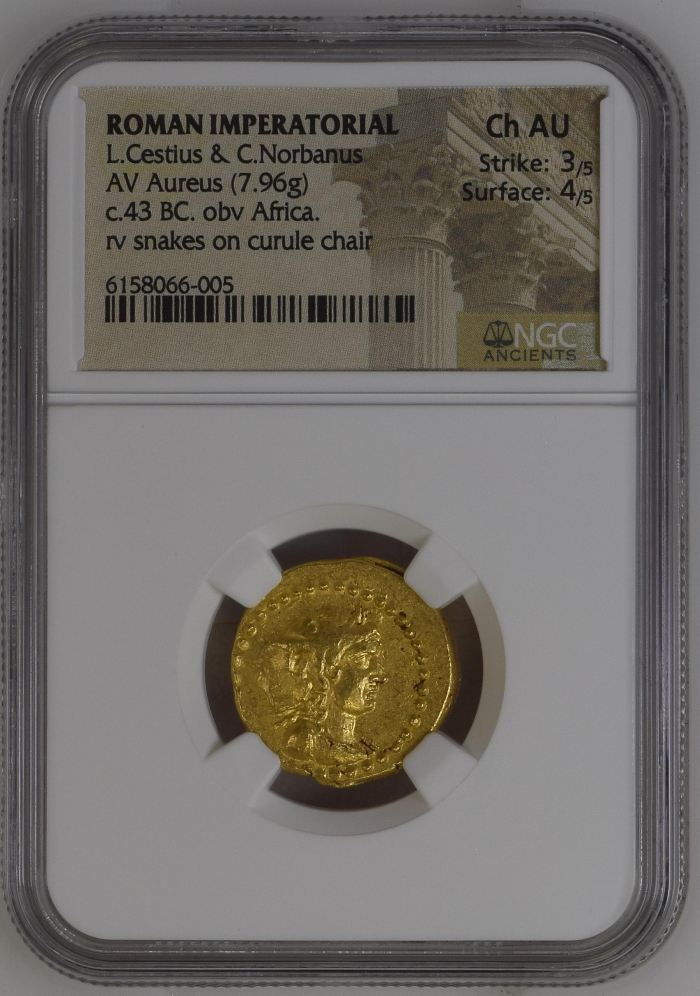 Roman Imperatorial L.Cestius & C.Norbanus AV Aureus NGC Ch AU 0144695Roman Imperatorial L.Cestius & C.Norbanus AV Aureus NGC Ch AU 0144695