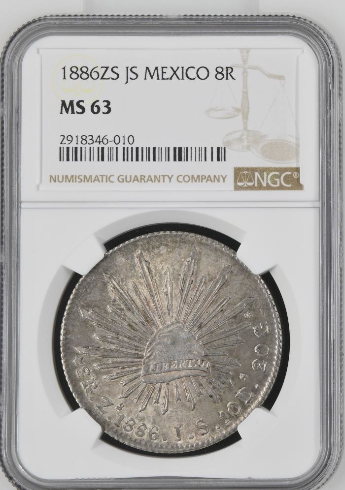 Zacatecas 8 Reales 1886 Zs JS NGC MS63 0144709Zacatecas 8 Reales 1886 Zs JS NGC MS63 0144709