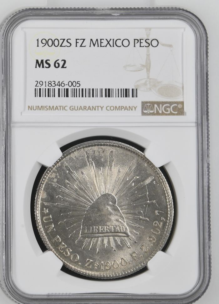 Republic Silver & Minors Peso 1900 Zs FZ NGC MS62 0144715Republic Silver & Minors Peso 1900 Zs FZ NGC MS62 0144715