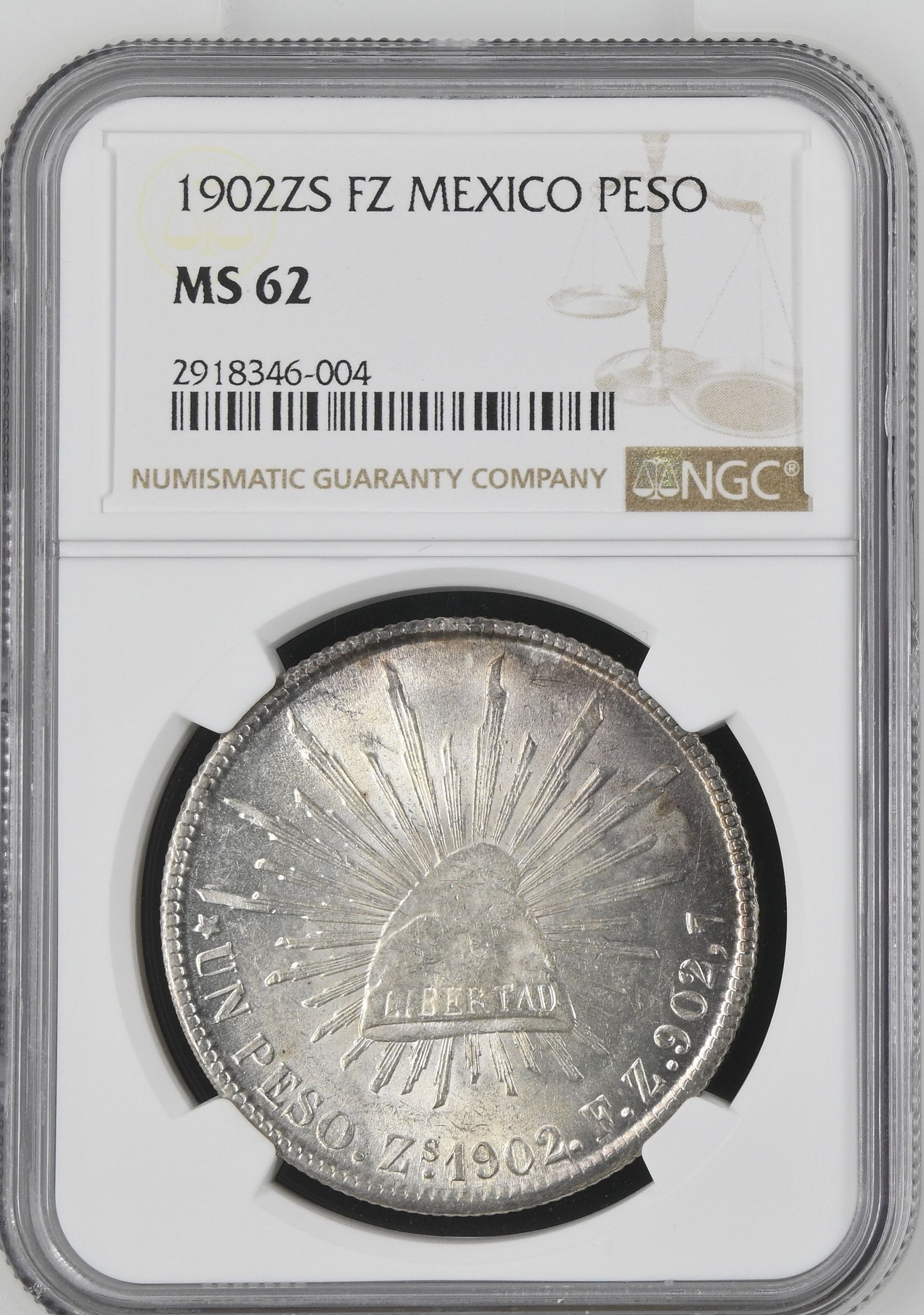 Republic Silver & Minors Peso 1902 Zs FZ NGC MS62 0144716