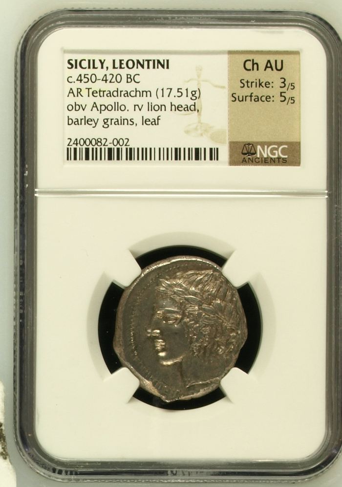 Sicily Leontini c.450-420 BC AR Tetradrachm NGC Ch AU 0144742Sicily Leontini c.450-420 BC AR Tetradrachm NGC Ch AU 0144742