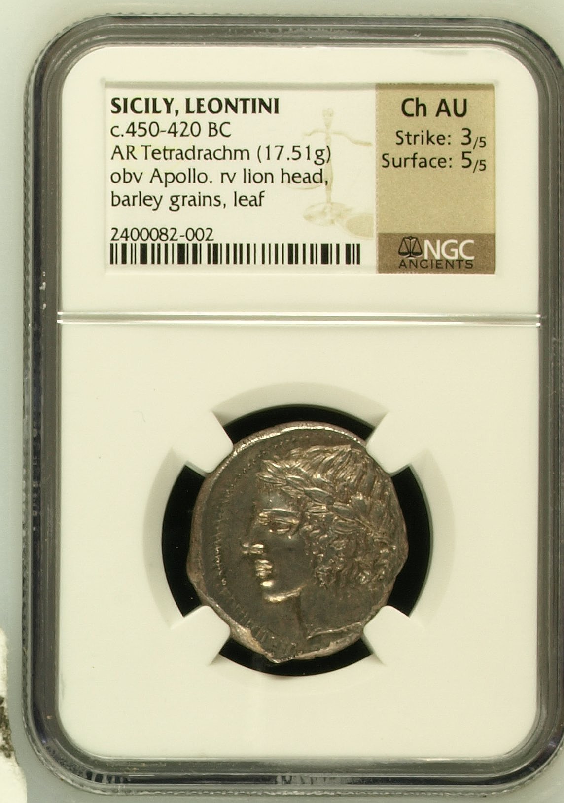 Sicily Leontini c.450-420 BC AR Tetradrachm NGC Ch AU 0144742