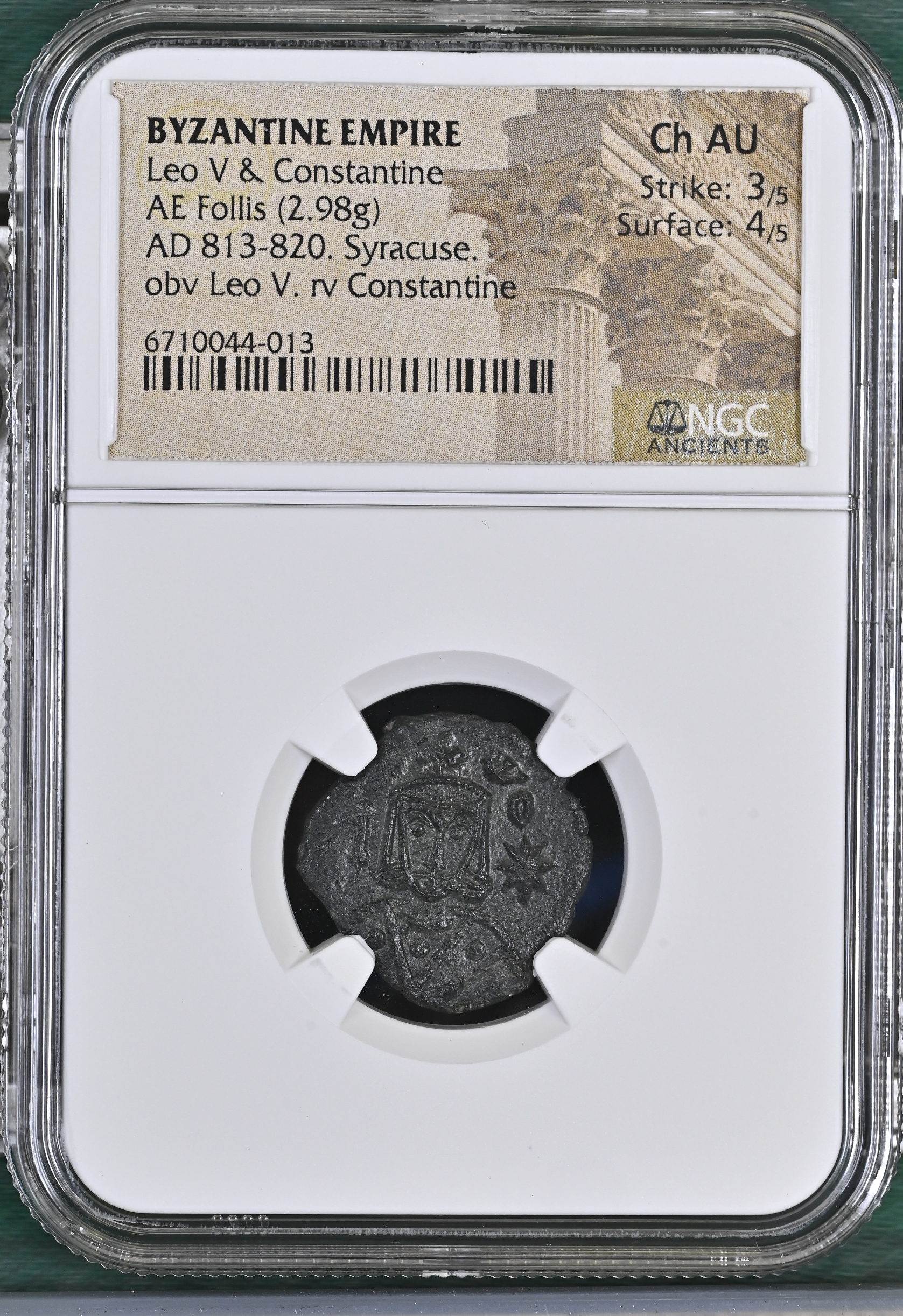 Byzantine Leo V & Constantine AE Follis NGC Ch AU 0144761